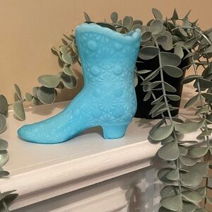 Fenton Blue Satin Custard Daisies and Buttons Boot
